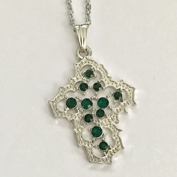 Celtic Cross Necklace Green Crystals Simulated Emeralds Silver Plated 20" Chain - Picture 9 of 10